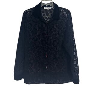 Vintage Truffles Blouse Womens Medium Black Jacquard Velvet Burnout Floral Sheer